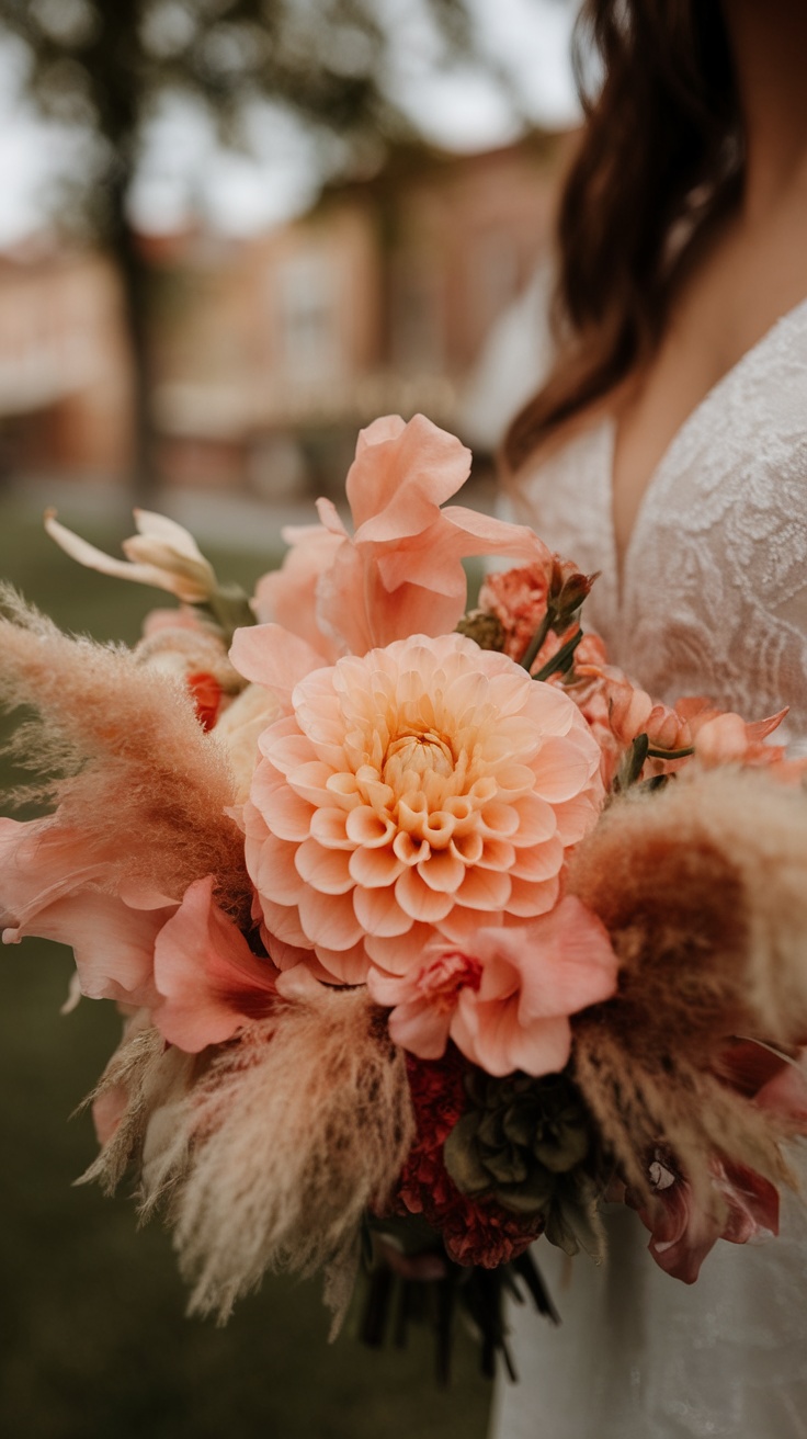 A close-up of a peach wedding bouquet featuring dahlias, sweet peas, and pampas grass.
