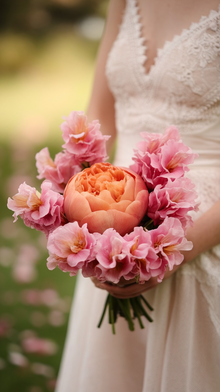 A bride holding a bouquet of cantaloupe peony and pink snapdragons