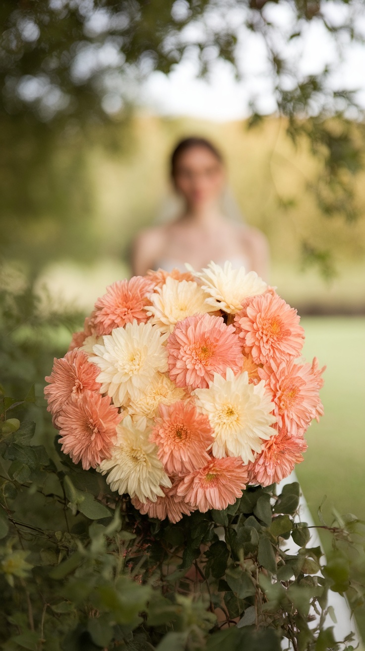 A bouquet of peach and cream chrysanthemums held by a bride