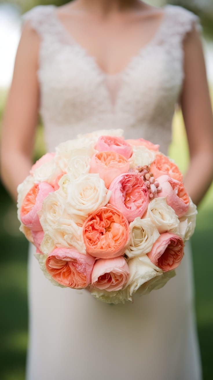 Peach and ivory garden rose bouquet held by a bride