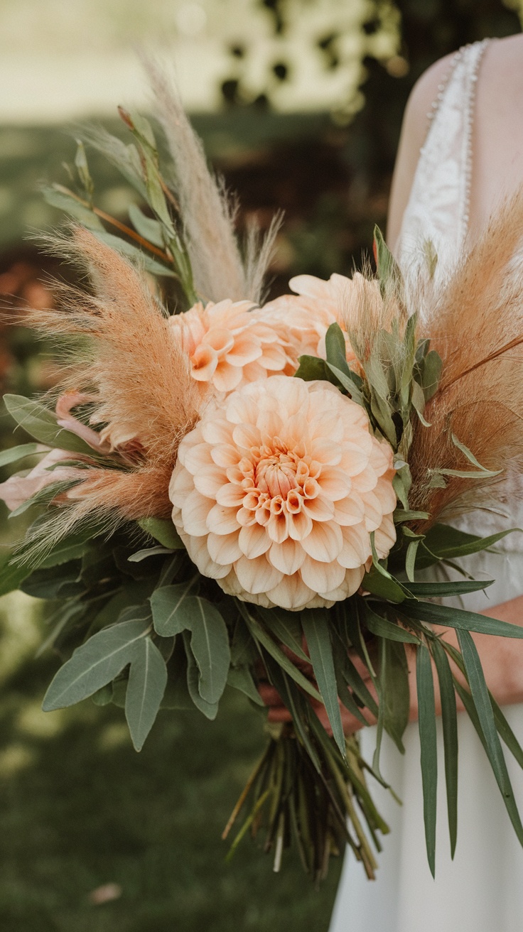 A beautiful bouquet featuring peach dahlias and wild grass.