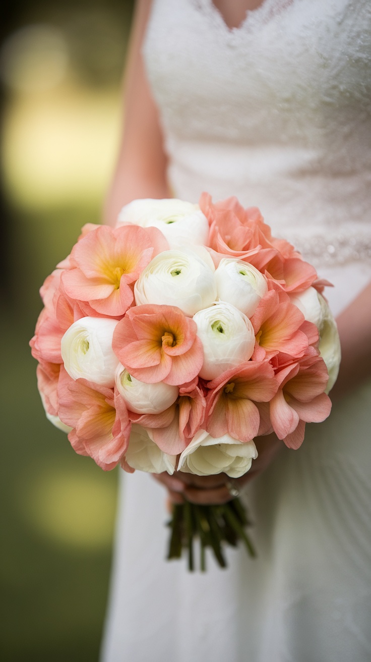 A delicate bouquet featuring peach freesia and white ranunculus, held by a bride.