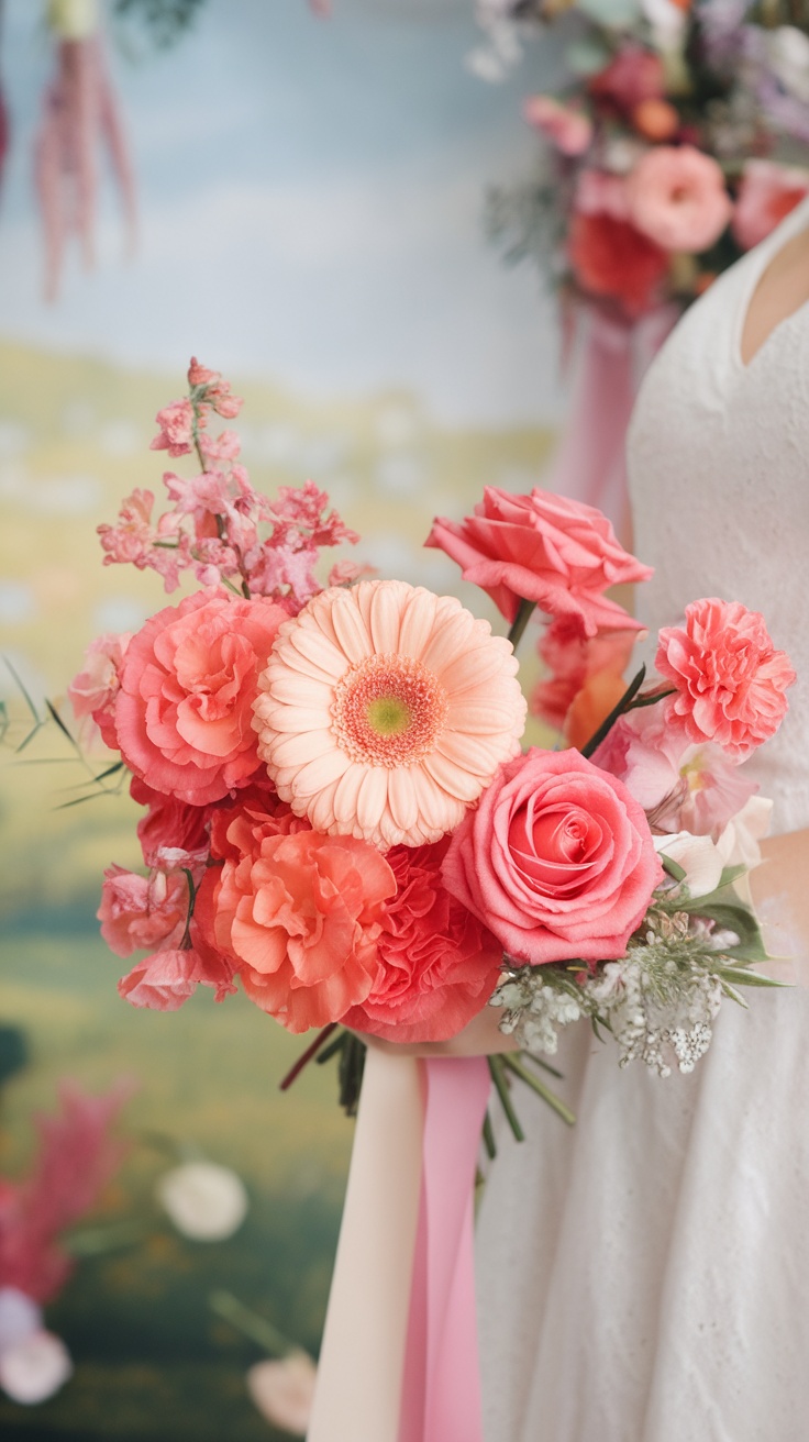 A cheerful summer bouquet featuring peach gerbera daisies and coral roses.
