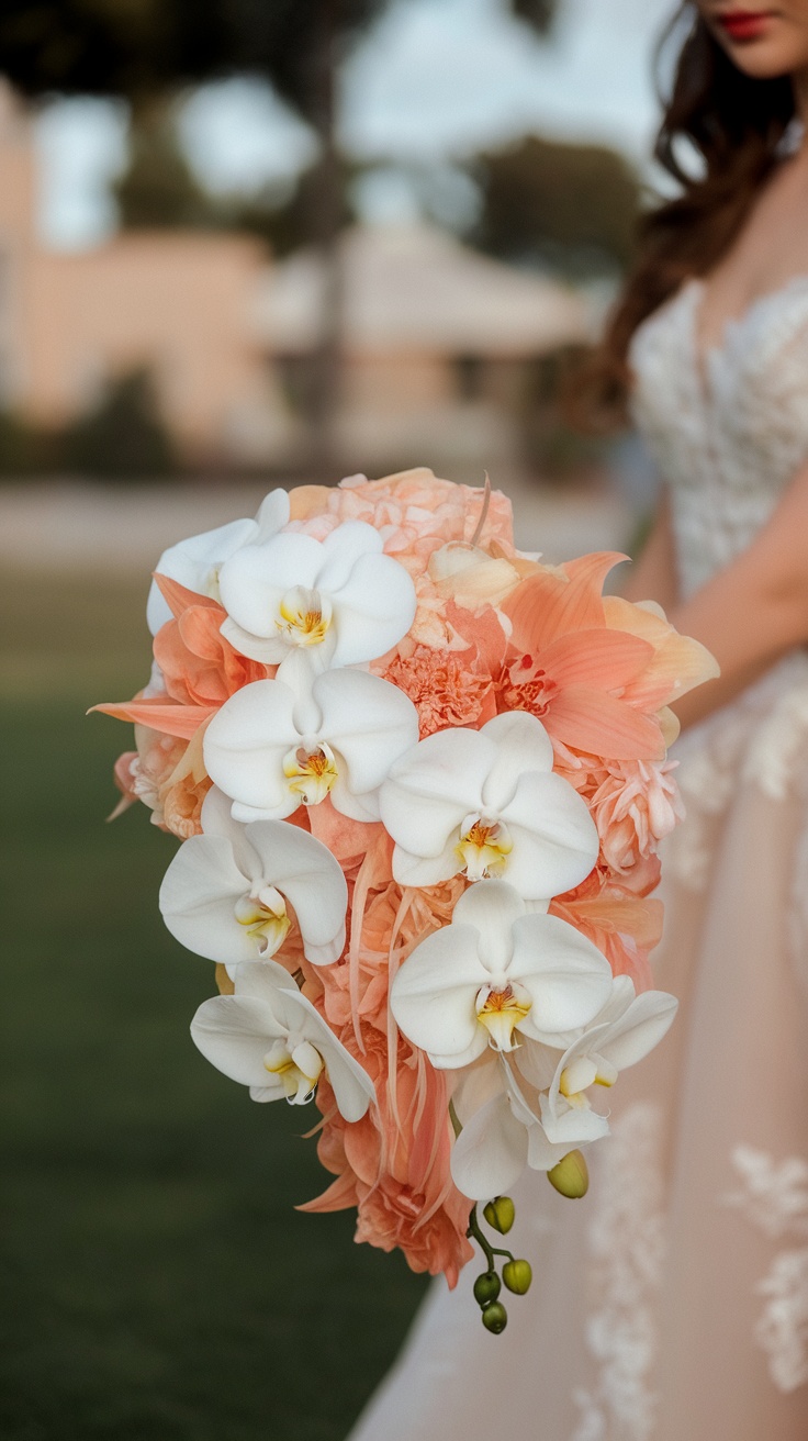 A beautiful bouquet featuring peach lilies and white orchids, held by a bride.