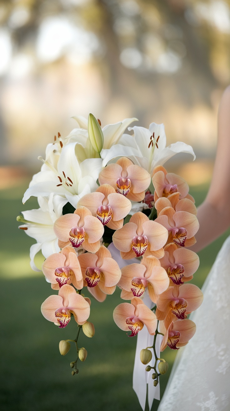 A luxurious bouquet featuring peach orchids and white lilies.
