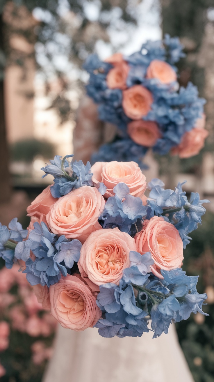 A bouquet featuring peach roses and blue delphiniums.