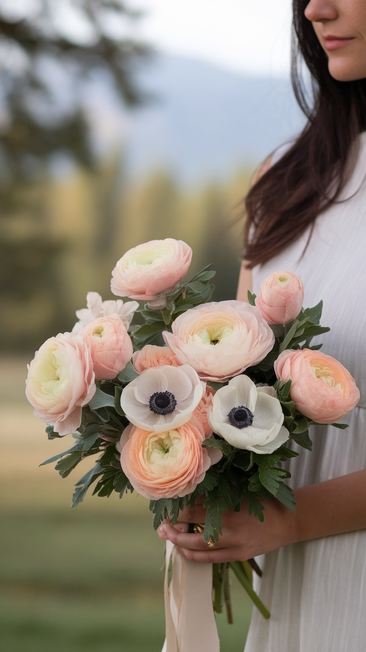 A close-up of a soft peach stock flower and anemone bouquet held by a woman.