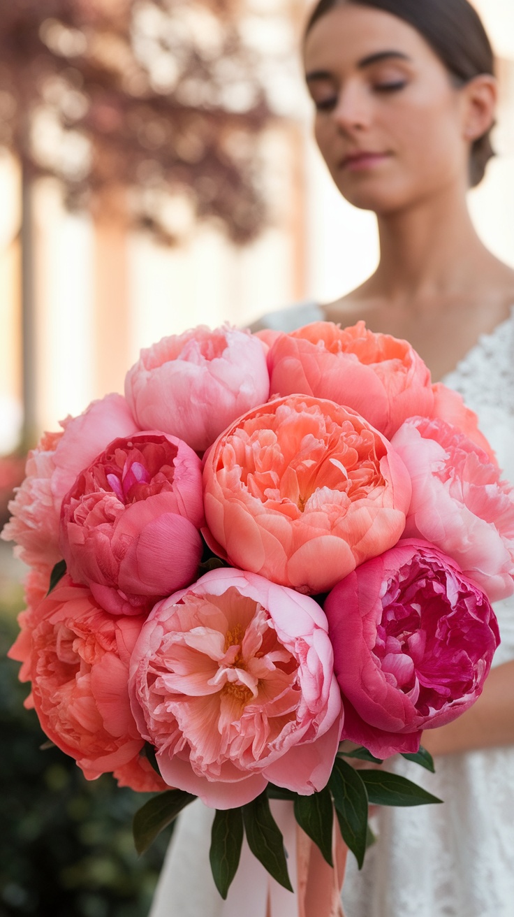 A vibrant bouquet of peach and coral peonies held by a woman, showcasing soft hues perfect for a wedding.