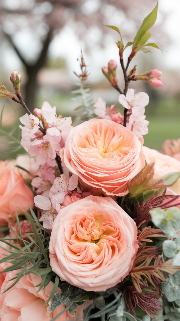 Close-up of a peach rose bouquet with cherry blossoms and greenery.