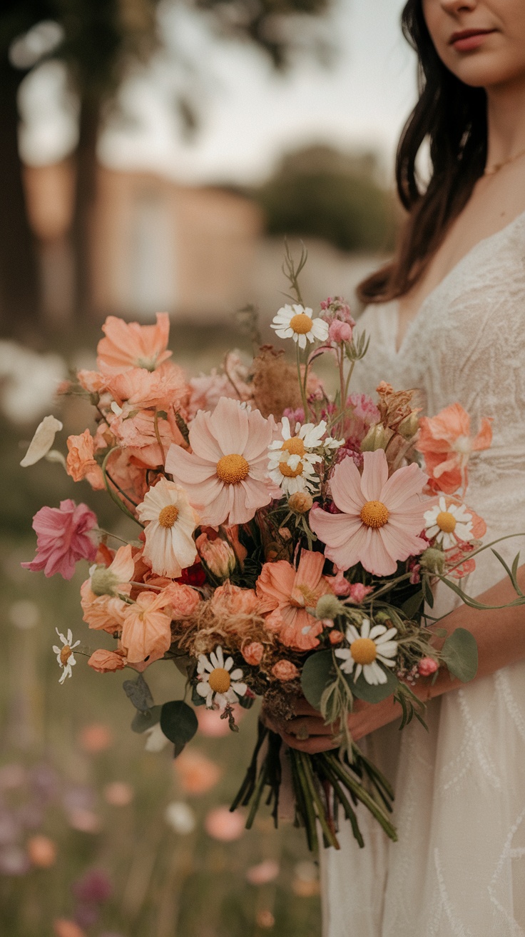 A beautiful bouquet featuring wild peach cosmos and daisies held by a bride.