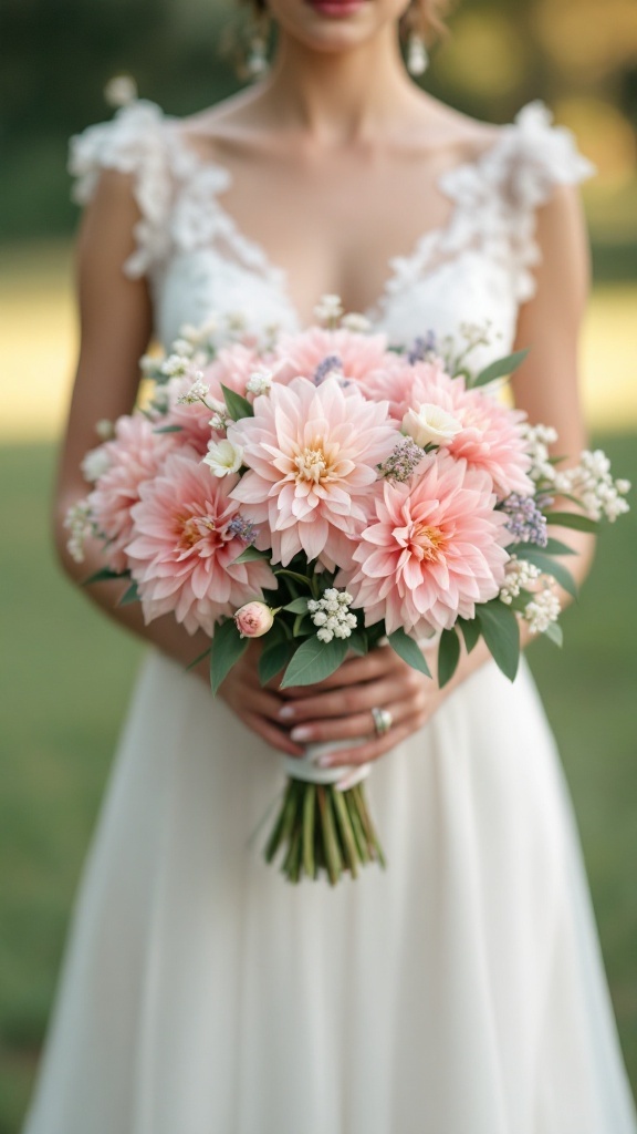 A bride holding a blush dahlia bouquet, showcasing soft pink dahlias surrounded by greenery.