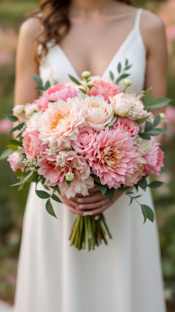 Blush dahlia and garden rose bridal bouquet held by a bride