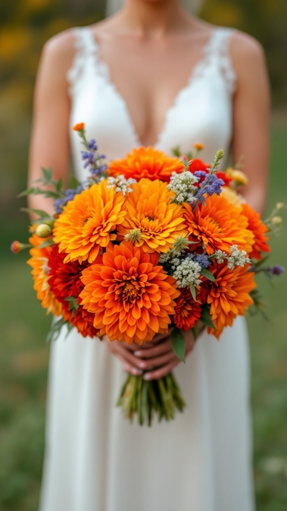A bridal bouquet featuring bright orange dahlias and marigolds, held by a bride in a white dress.