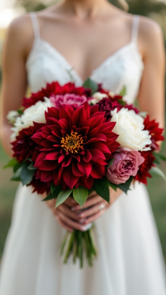 Burgundy dahlia and white peony bridal bouquet held by a bride