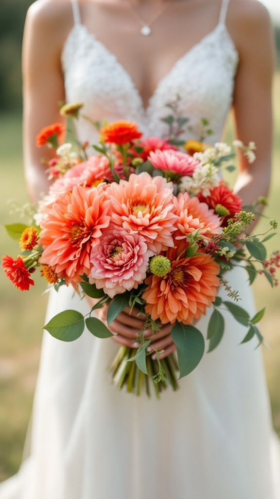 A beautiful bridal bouquet featuring coral dahlias and ranunculus, with greenery, held by a bride in a lace gown.
