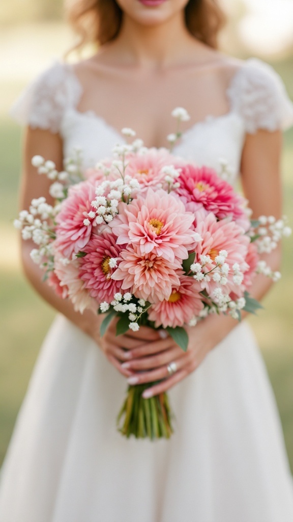 A bridal bouquet featuring dusty rose dahlias and baby’s breath.