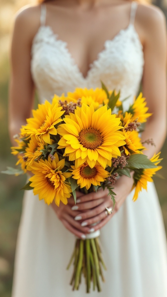 A cheerful rustic bridal bouquet featuring bright yellow dahlias and sunflowers