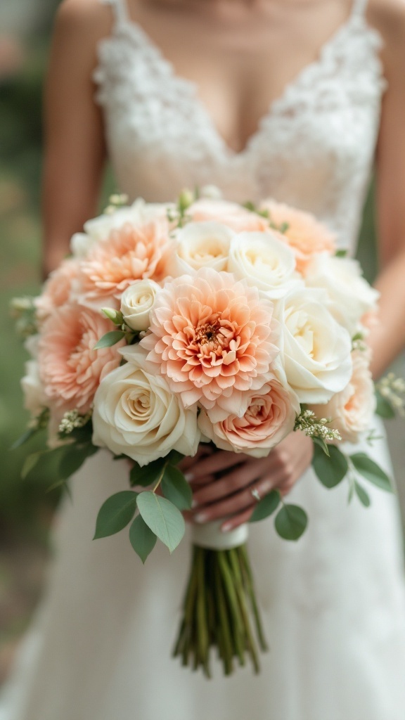 A bridal bouquet featuring peach dahlias and ivory roses, held by a bride in a lace dress.