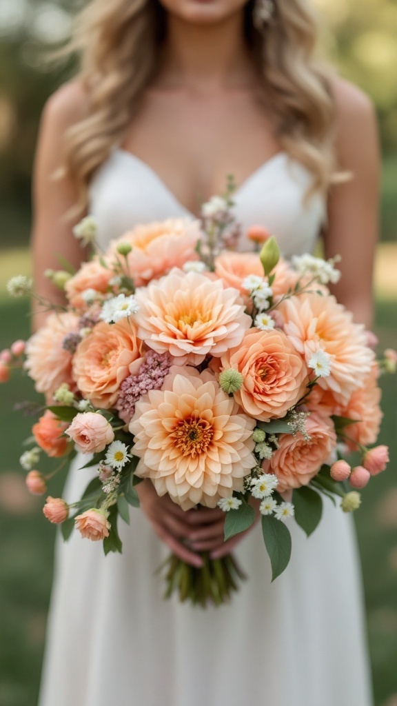 A bride holding a floral bouquet featuring peach dahlias and sweet peas.
