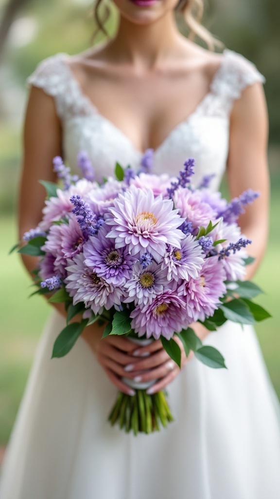 A bride holding a purple dahlia and lavender bouquet.
