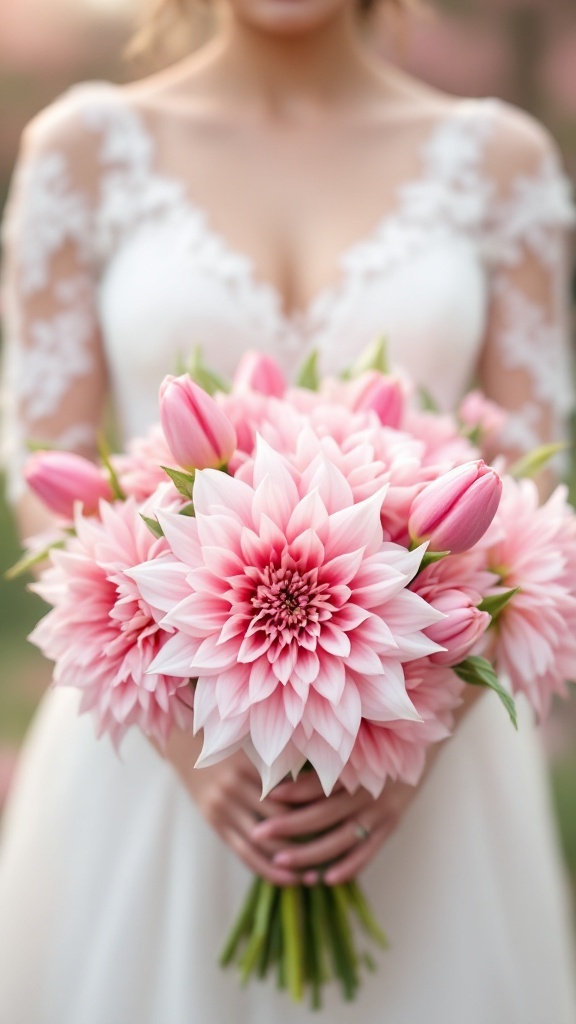 A bride holding a bouquet of soft pink dahlias and tulips, wearing a white wedding dress