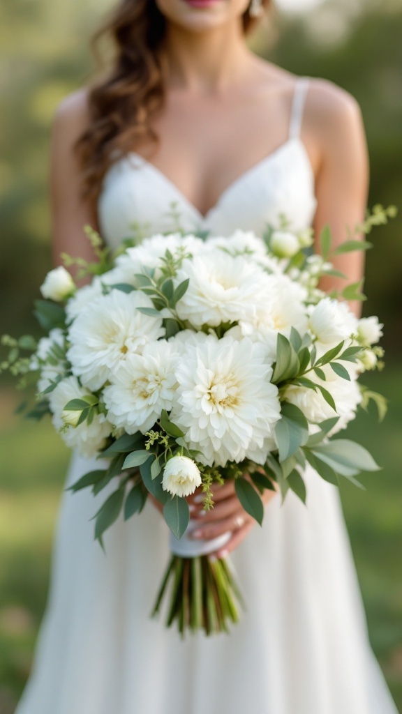 Bride holding a white dahlia bouquet with eucalyptus greenery.