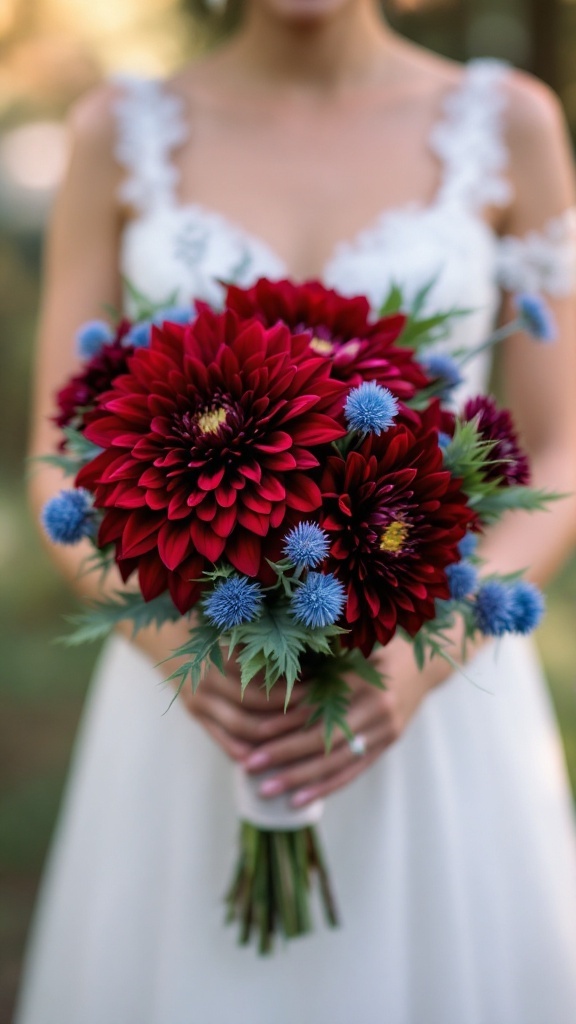 Burgundy dahlia and blue thistle bouquet held by a bride