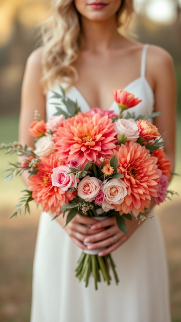 A bride holding a bold modern bouquet featuring coral dahlias and dahlia-shaped tulips.