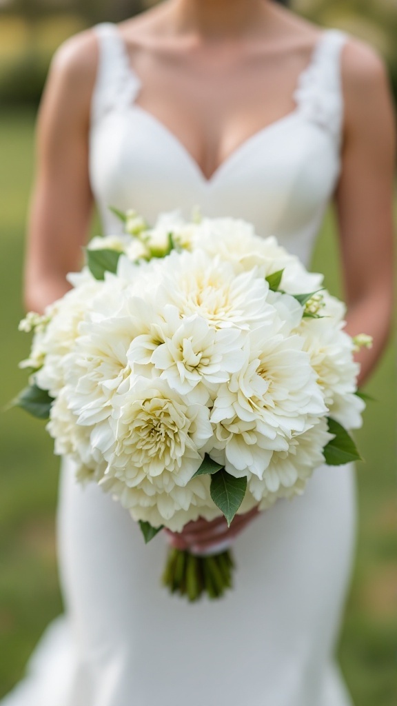 A bride holding a classic bridal bouquet made of white dahlias and hydrangeas.