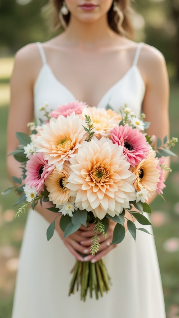 A bride holding a minimalist chic bouquet with pink and cream dahlias