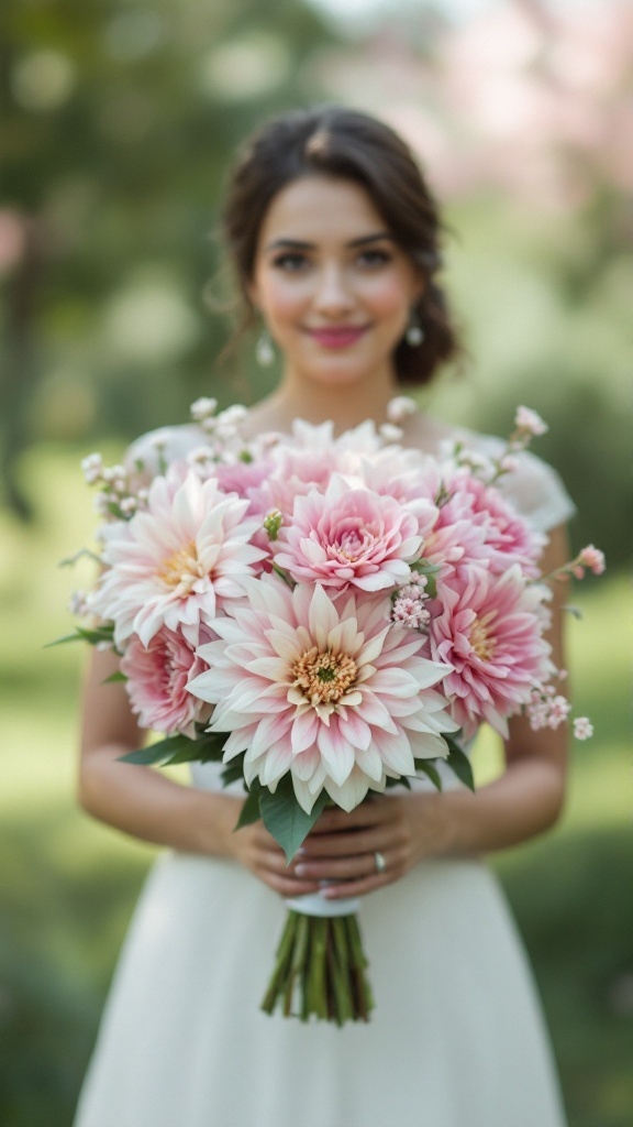 A bridal bouquet featuring pink dahlias and cherry blossoms, held by a smiling bride in a soft background