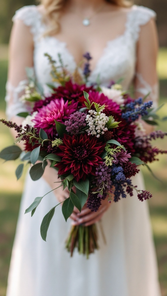 A bride holding a dark plum dahlia and protea bouquet.