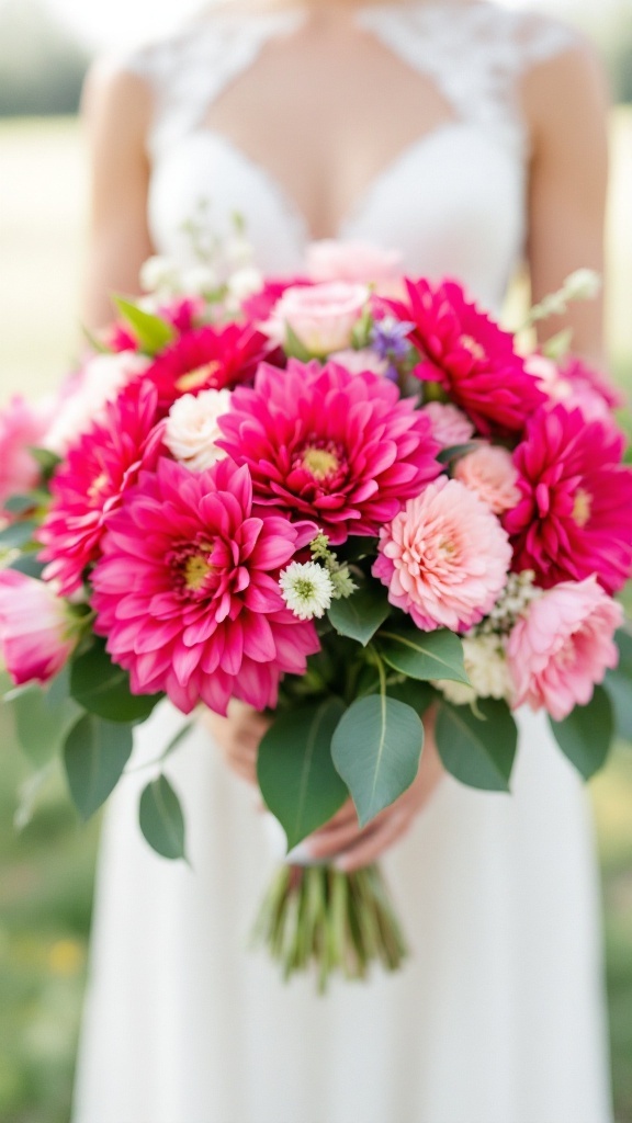 Bright bouquet featuring hot pink dahlias and zinnias held by a bride