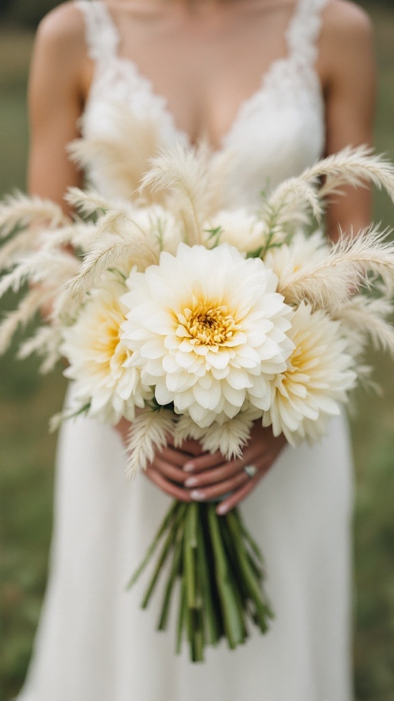 Bridal bouquet featuring ivory dahlias and pampas grass