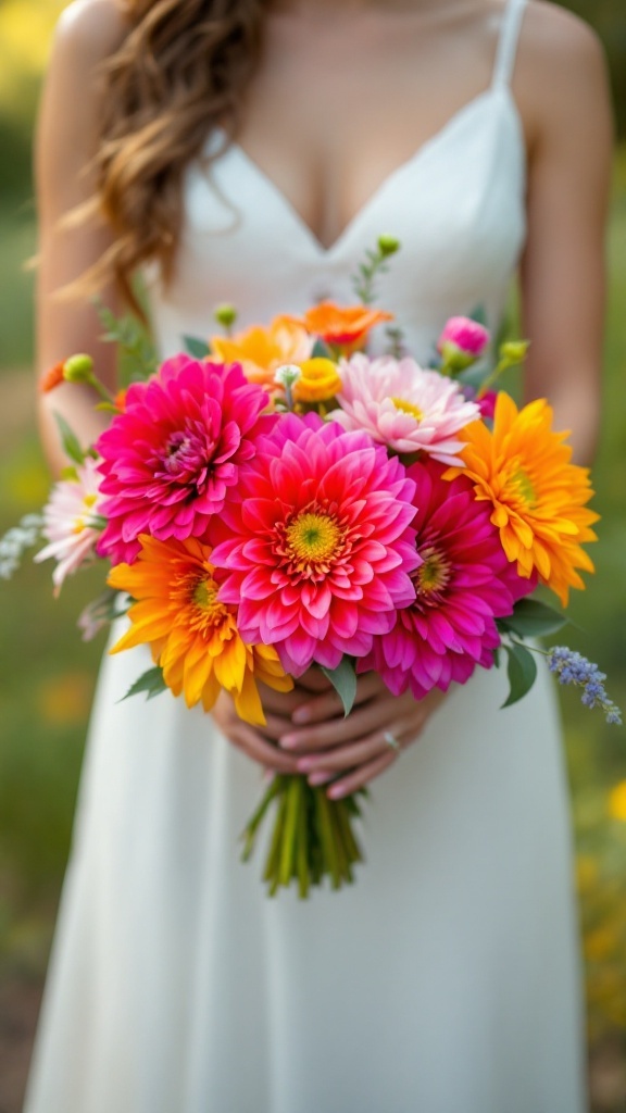 A bride holding a colorful bouquet of neon dahlias and poppies, wearing a simple white dress, in a sunny outdoor setting.