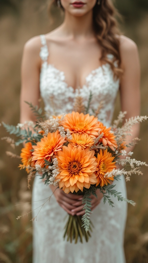 A bride holding an orange dahlia bouquet with wild grass in a rustic setting.