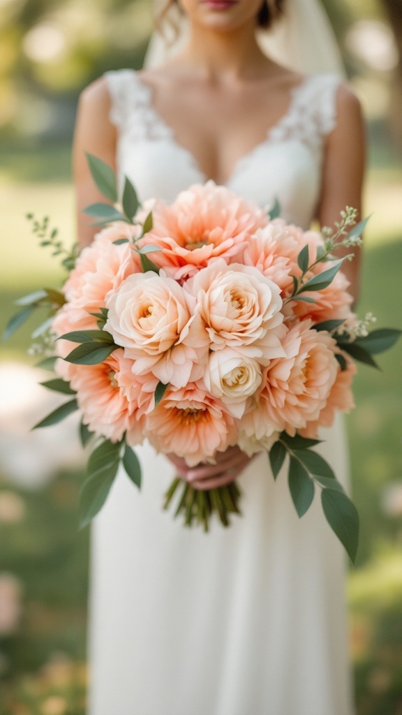 A bridal bouquet featuring peach dahlias and camellias, held by a bride in a white dress.