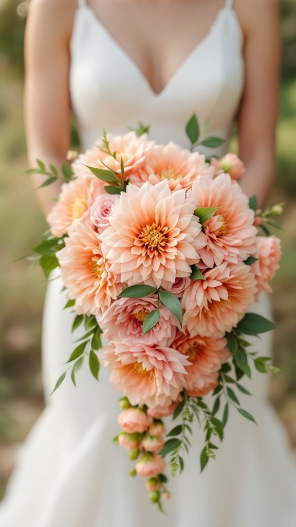 A romantic cascade bridal bouquet featuring peach dahlias and roses, held by a bride.