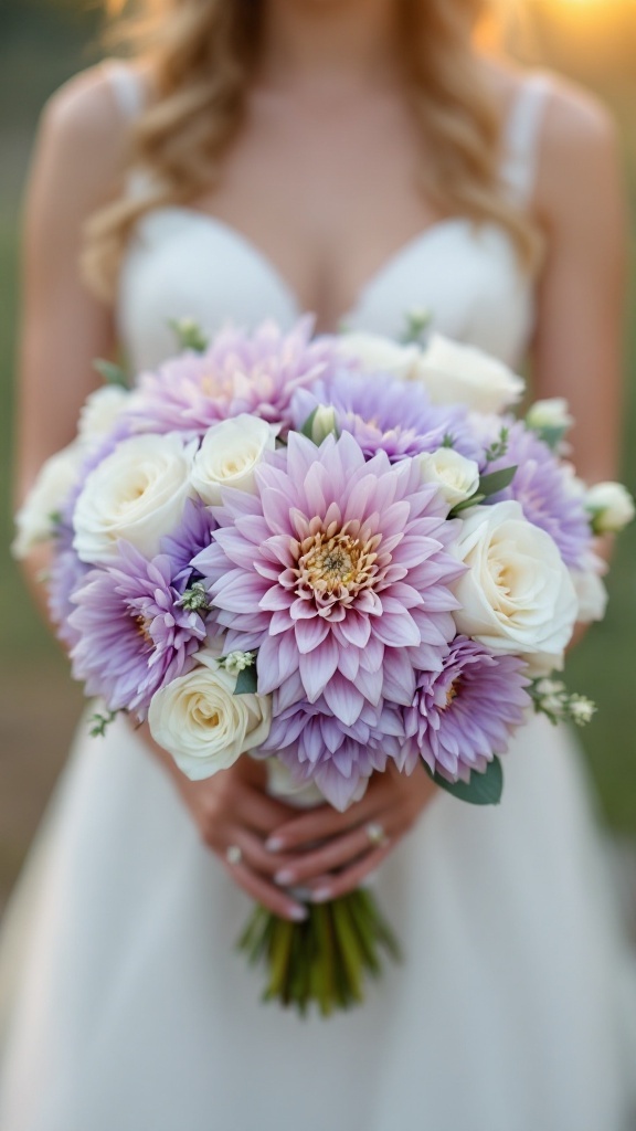 A bride holding a bouquet of soft lavender dahlias and white roses.