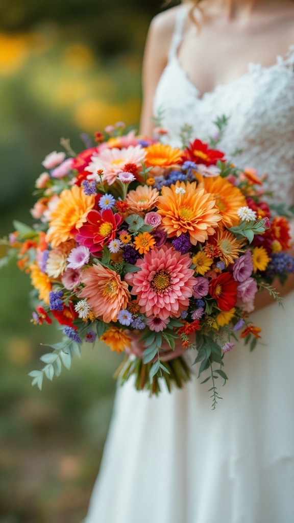A colorful bridal bouquet featuring dahlias and cosmos flowers.
