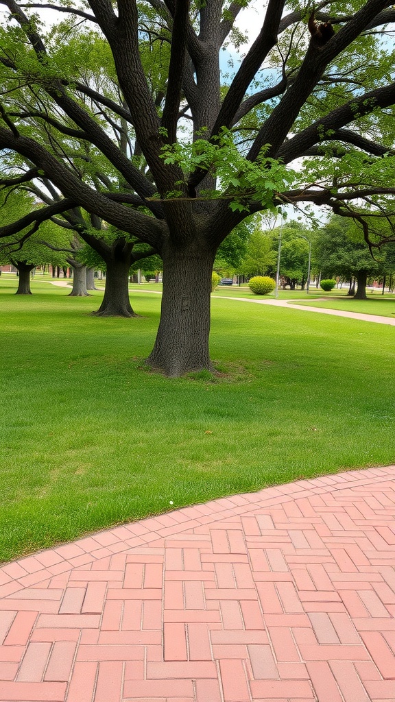 A large tree surrounded by a neatly laid brick edging in a green park.