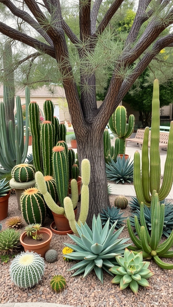 A variety of cacti and succulents arranged around a large tree in a desert landscape.