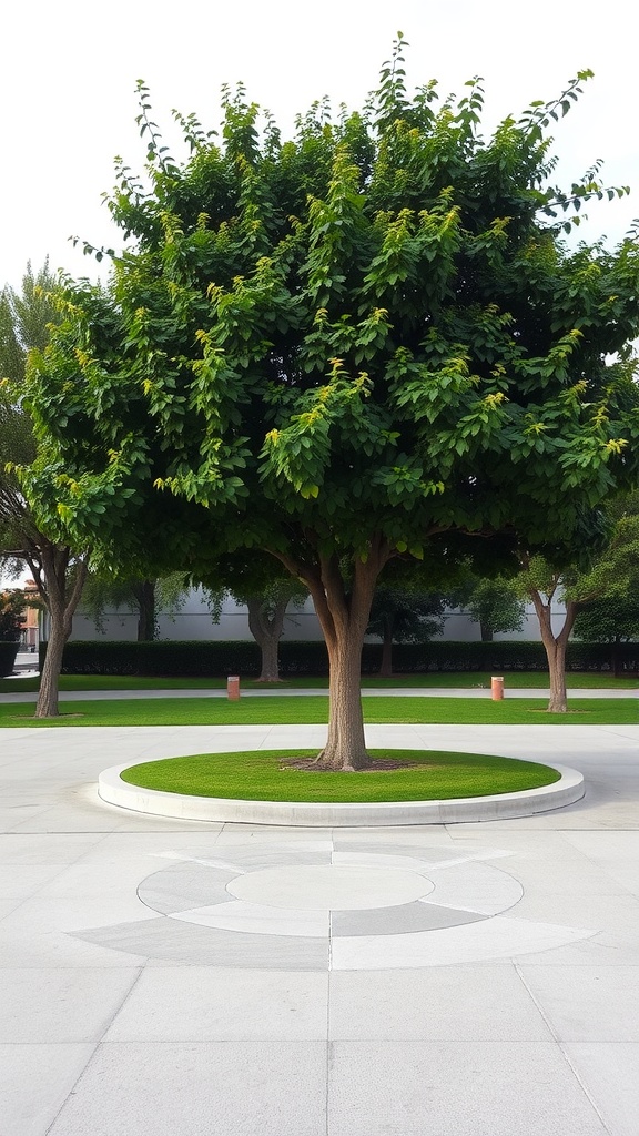 Tree surrounded by a circular cement border in a landscaped area
