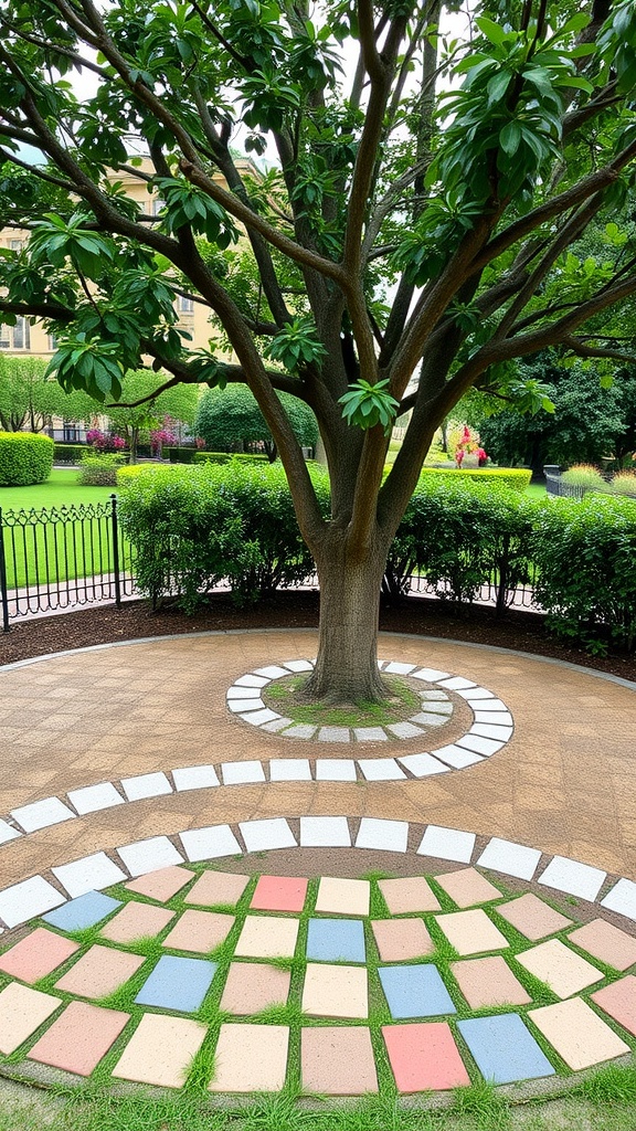 Colorful pavers arranged around a tree in a landscaped area.