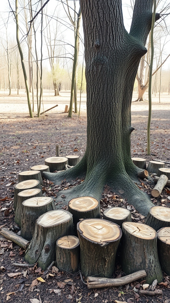 Tree surrounded by cut logs arranged in a circle, creating a natural edging