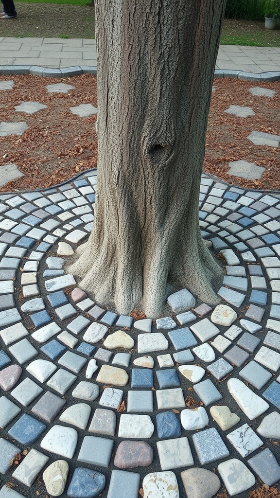 A tree surrounded by a circular pattern of various colored stones.