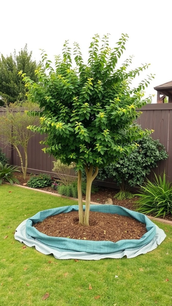 A tree surrounded by landscaping fabric in a garden