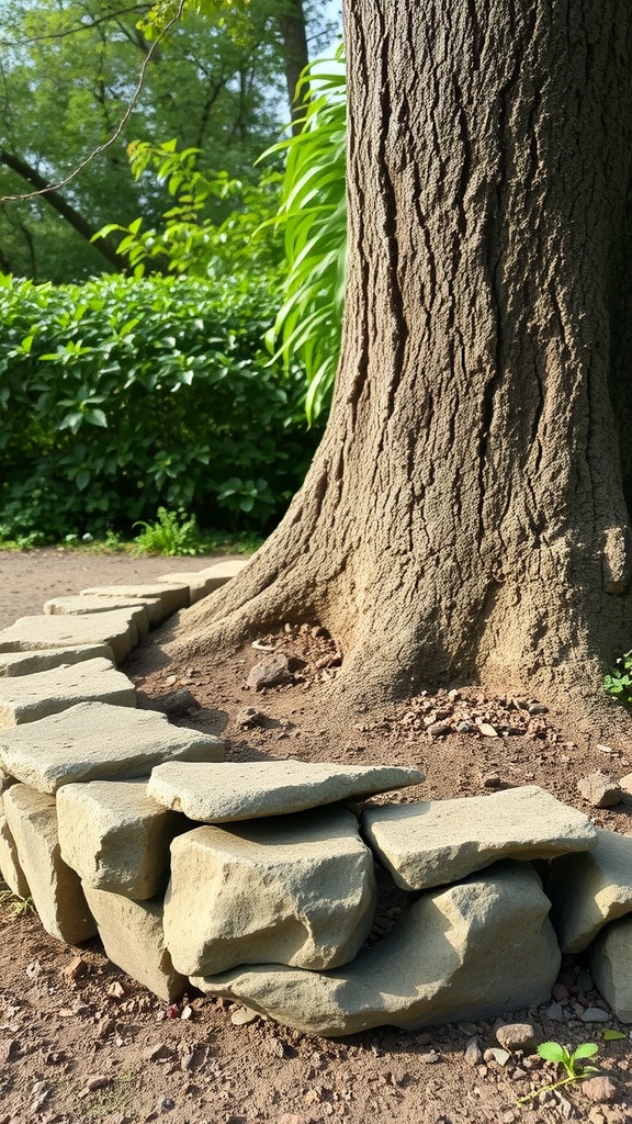 A curved arrangement of eroded stone edging around a tree, with green foliage in the background.