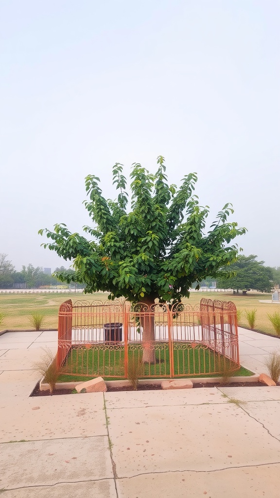 A tree enclosed by a decorative fence in a landscaped area.