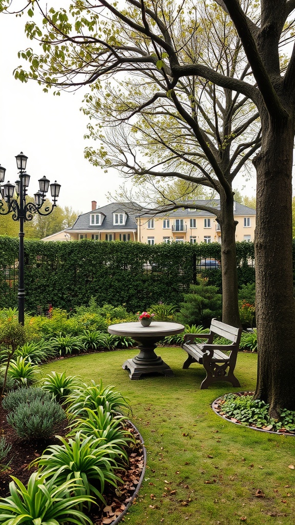 A garden with a round table and bench under trees, surrounded by neatly edged greenery.